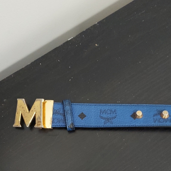 MCM Gold Buckle Blue Leather Belt - Picture 1 of 6